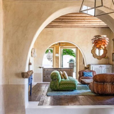 Mediterranean interior finishes with warm tones and natural textures